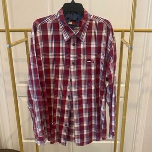 Tommy Hilfiger Men's Red and White Plaid Shirt